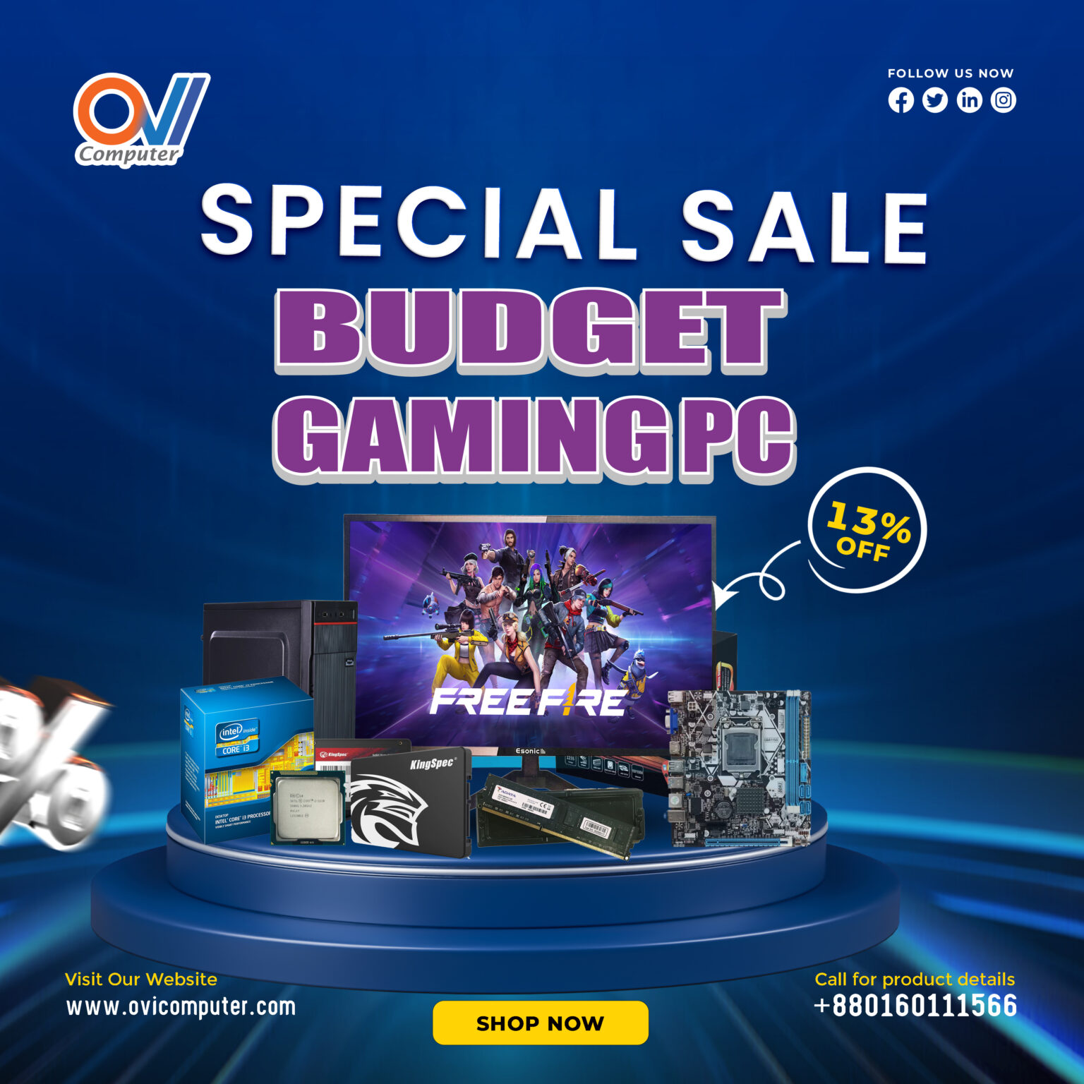 Esonic H61FHL DDR3 Motherboard • Chipset: Intel H61 • Memory Type: DDR3 (2 DIMM slots) • Storage: 4 x SATA 3Gb/s Ports • USB Ports: USB 2.0 Intel Core i3 3220 Processor (Bulk) • Process Type: Core i3 3220 • Clock Speed: 3.3 GHz • Intel Smart Cache: 3 MB • Socket: LGA1155 Kingston 128GB SATA3 • 300MB/sec read and 190MB/sec write speeds • Faster boot times and application loads than hard drives • No moving mechanical parts gives it longer life and ability to handle rougher conditions • Backed by Kingston's three years warranty and 24/7 tech support • Support for SATA Rev 3.0 • 5-inch SSD Drive with 7 millimeter height ADATA 8GB DDR3 1600 MHZ • ADATA PREMIER 8GB DDR3 1600 MHZ DESKTOP RAM • DRAM Spec : DDR3 Density : 8GB • Frequency : 1600MHz • Warranty: 1 Years • Module Specification: 240Pin Unbuffered DIMM • Density: 8GB • MRS Cycle with address key programs: N/A • IC Configuration: 512 x 8 • CAS Latency: 11 • Working Voltage: 1.5V ± 0.075V Esonic 19ELMW 18.5 inch HD LED Monitor • Resolution: 1366 x 768 • Display Type: TFT LED • Response Time: 5ms • Port : VGA, HDMI